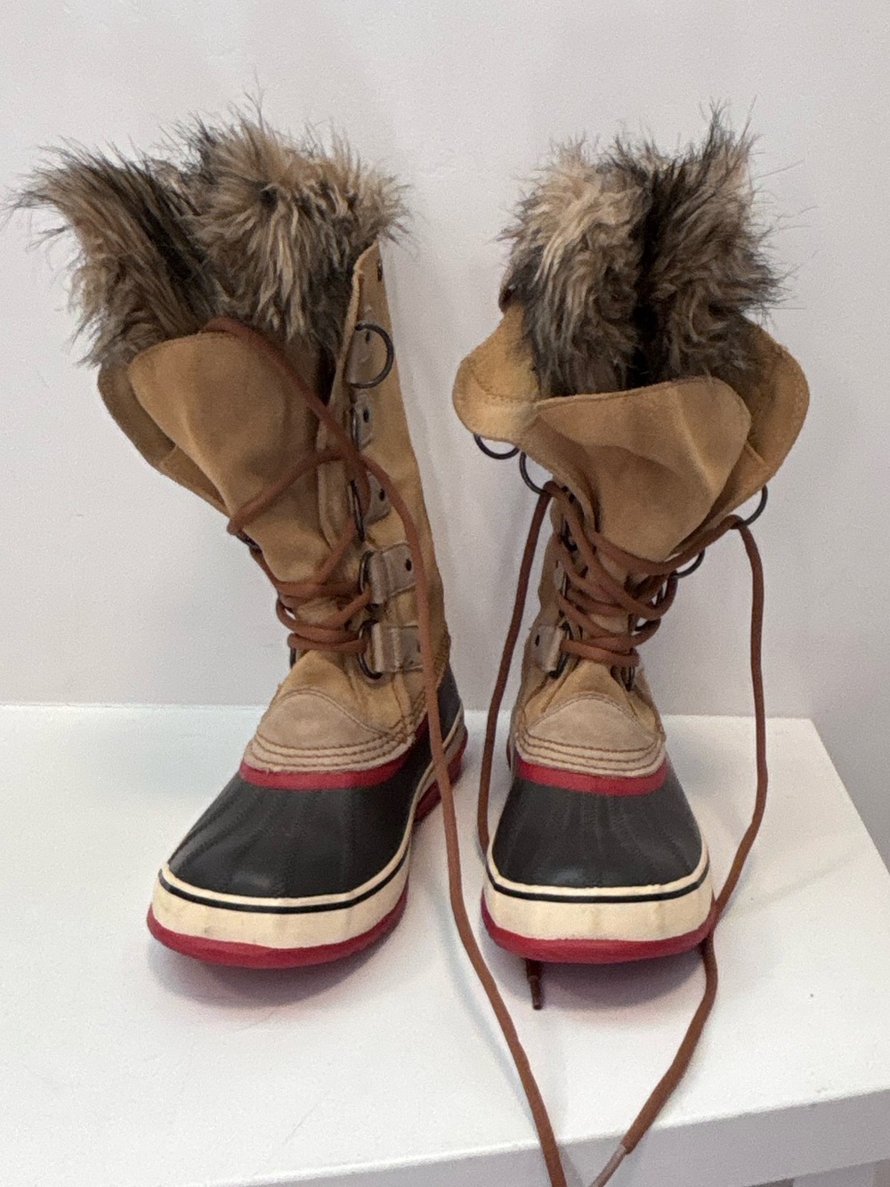Sorel Two-Tone Tan and Black Lace-Up Winter Boots with Faux Fur